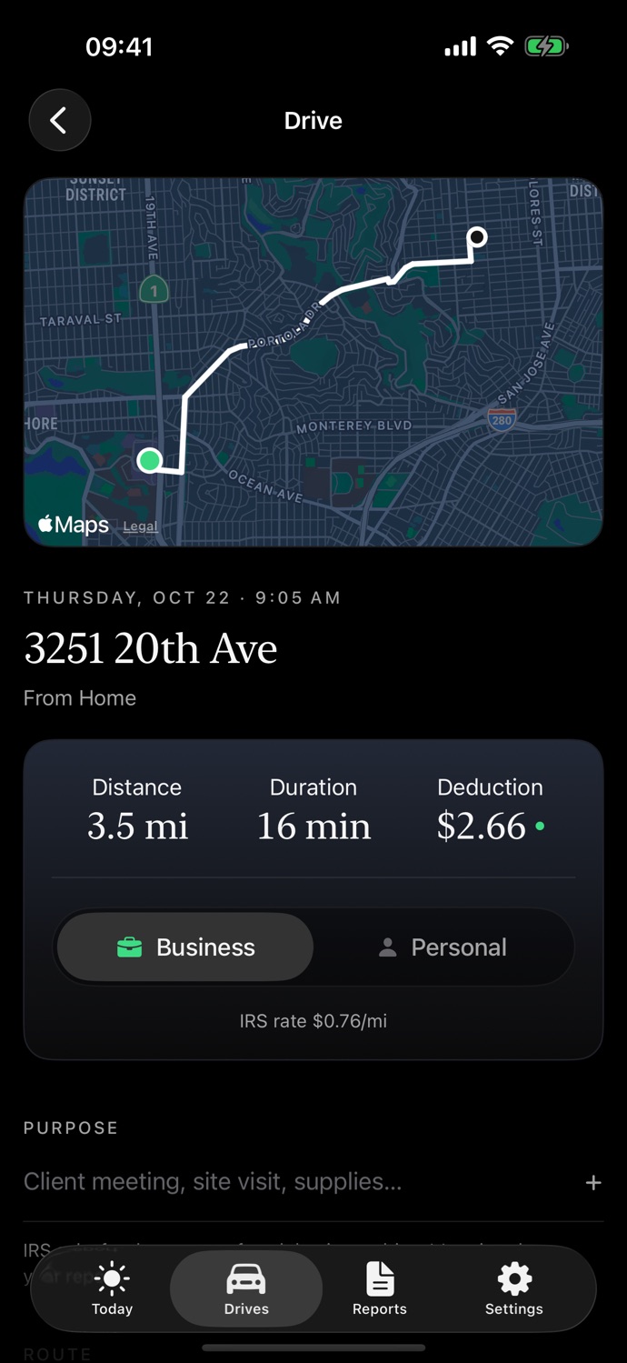 Drive details with map, distance and deduction
