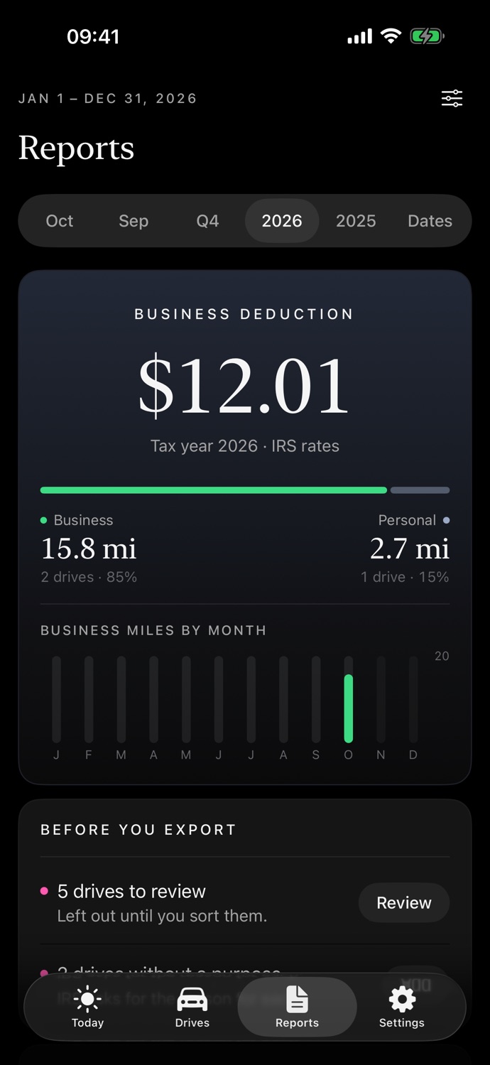 Reports screen for the 2026 tax year
